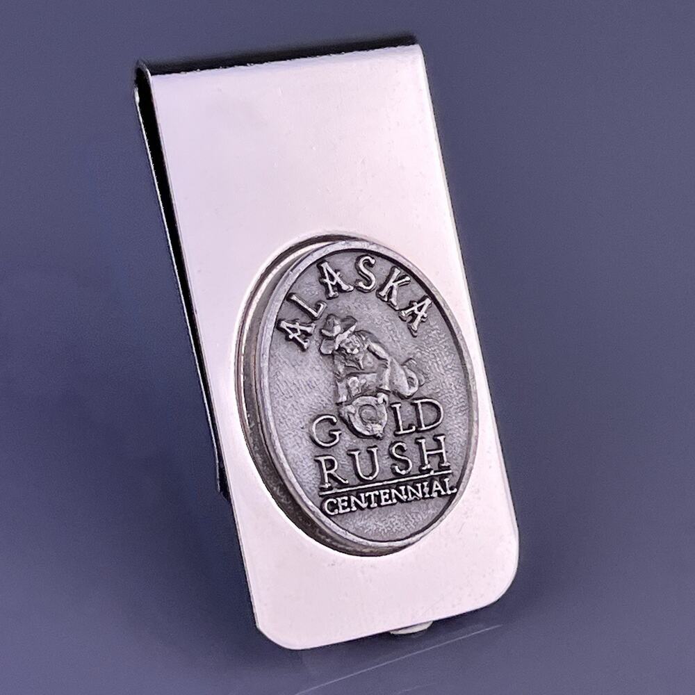 Alaska Gold Rush Centennial Money Clip Silver Tone Pewter Panning Souvenir VTG